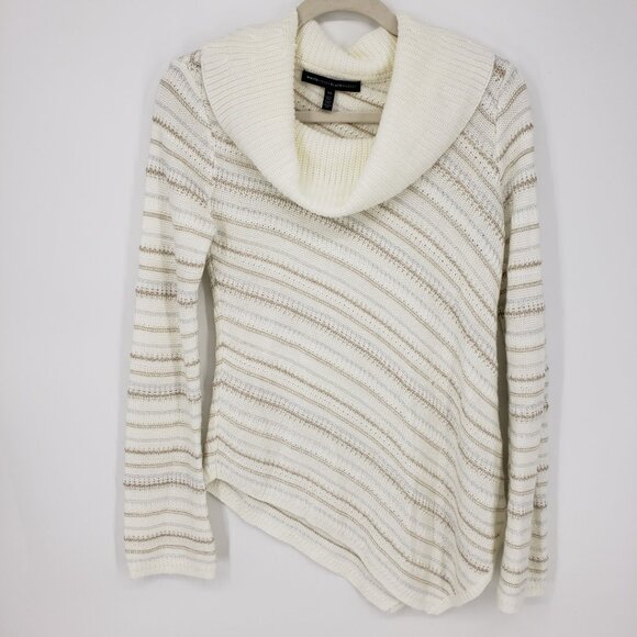 White House Black Market Asymmetrical Cowl Neck Striped Sweater XS Cream Gold - Picture 1 of 7